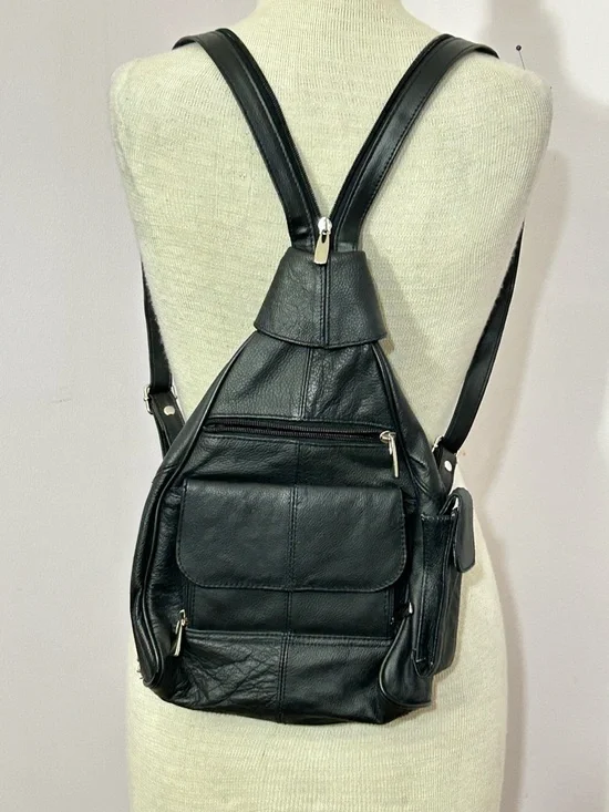 90s Black Leather Sling Backpack - Picture 2 of 8